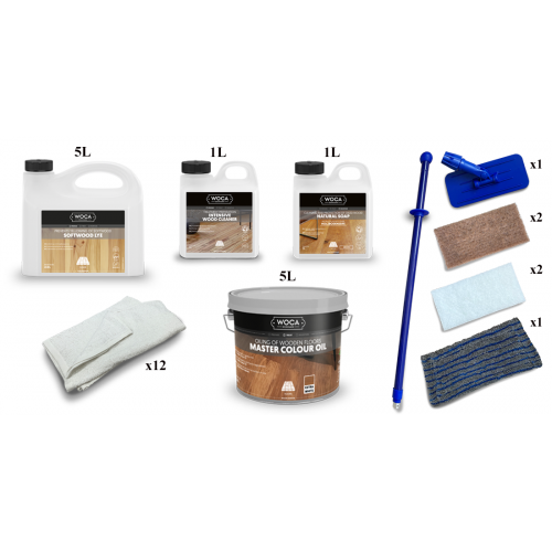 Kit Saving: DC002 (c) Woca Softwood Lye & Woca Master Colour Oil 118 extra white floor, Work by hand 16 to 35m2   (DC)